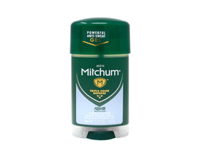 Mitchum clear gel texture close-up demonstrating smooth, non-staining formula