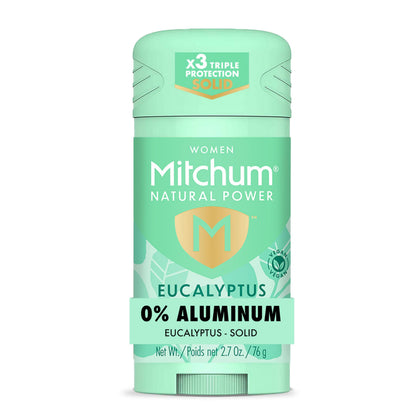 Mitchum eucalyptus solid deodorant front packaging showing brand and scent for reliable protection