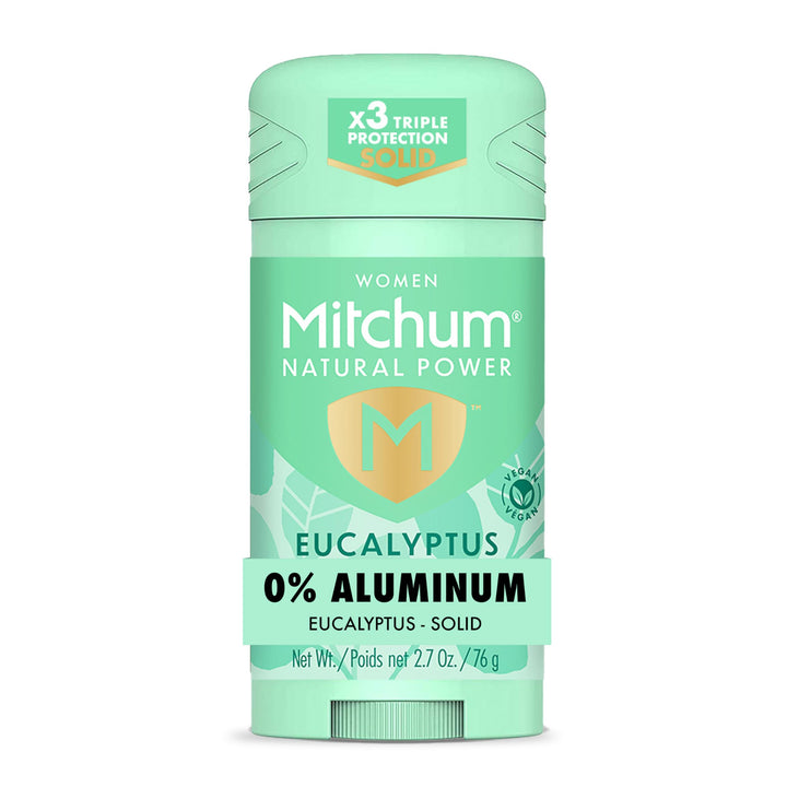 Mitchum eucalyptus solid deodorant front packaging showing brand and scent for reliable protection