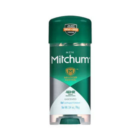 Mitchum unscented gel front packaging showing four 3.4 oz sticks and benefit of value pack