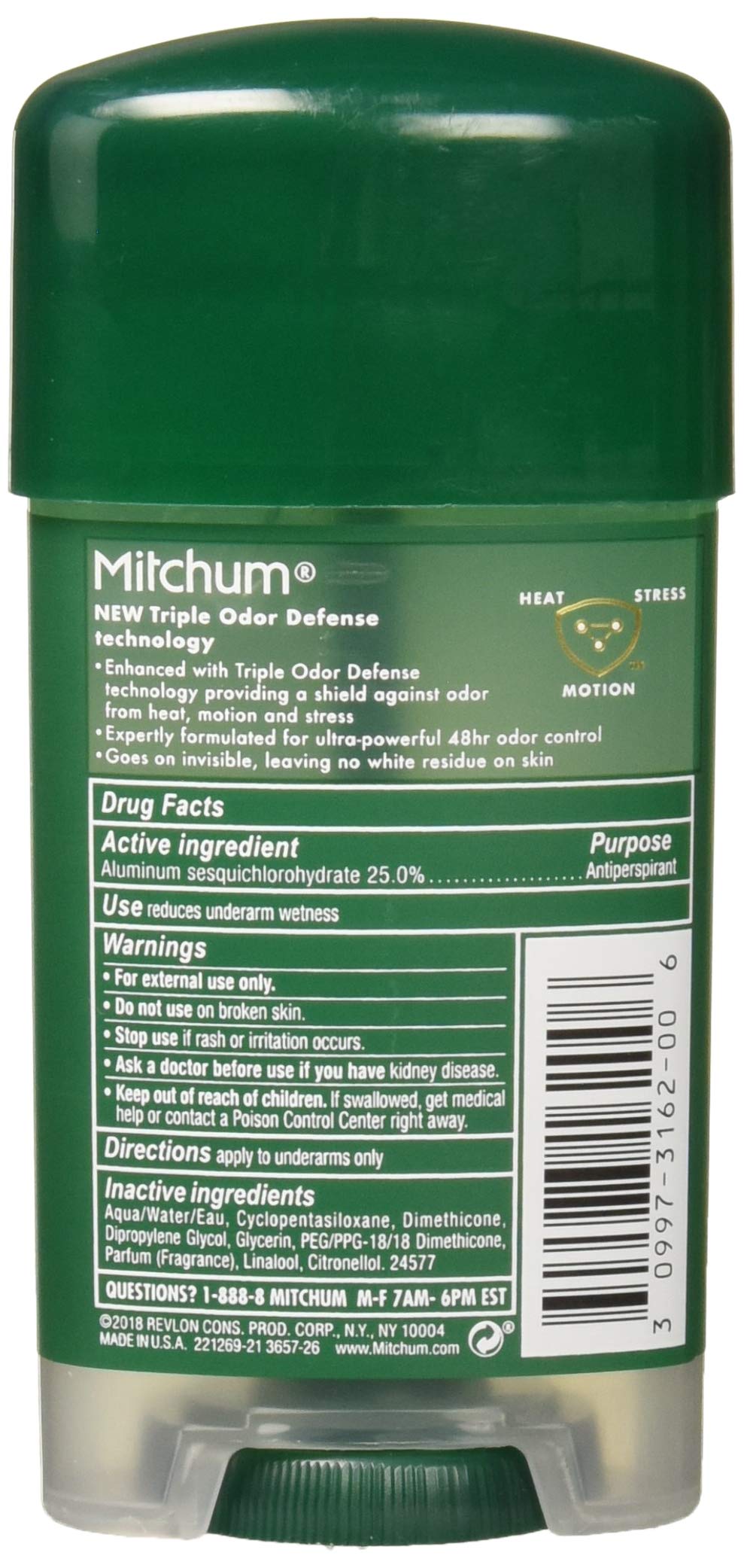 mitchum gel stick close-up in hand displaying clear texture and easy application, quick-drying benefit