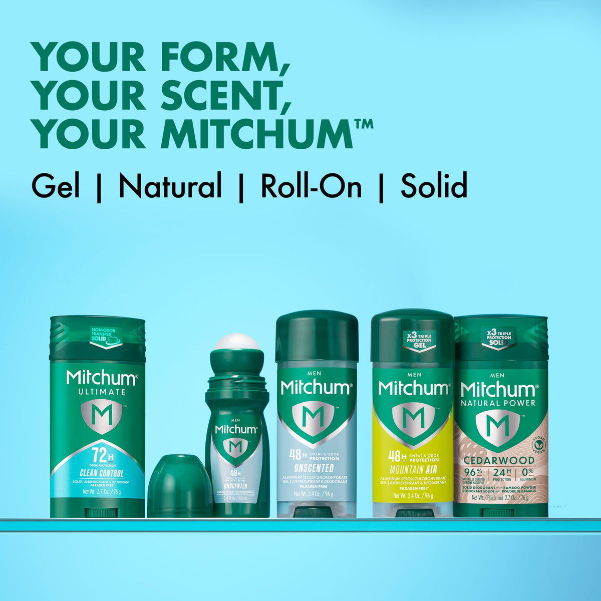 Mitchum deodorant on bathroom shelf implying daily routine confidence