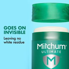 Mitchum demonstrating no white residue on skin and clothes