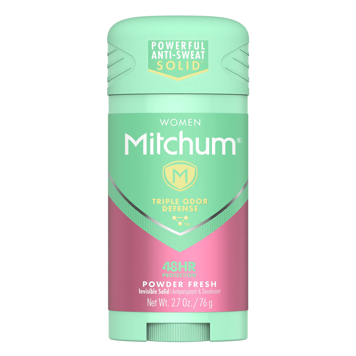 Mitchum front packaging showing powder fresh scent and size benefit
