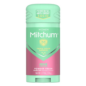 Mitchum front packaging showing powder fresh scent and size benefit