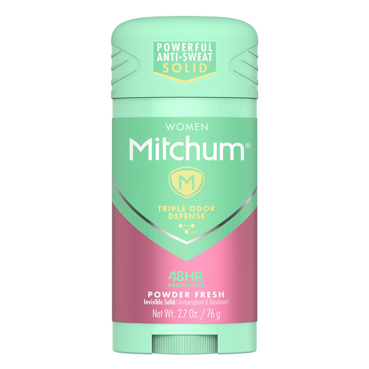 Mitchum front packaging showing powder fresh scent and size benefit