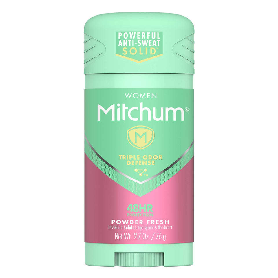 Mitchum front packaging showing powder fresh scent and size benefit