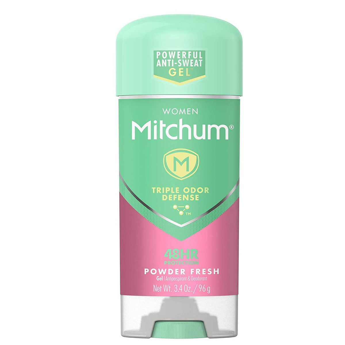 Mitchum Power Gel front packaging showing four 3.4 oz tubes and powder fresh scent