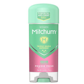 Mitchum Power Gel front packaging showing four 3.4 oz tubes and powder fresh scent