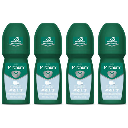 Mitchum roll-on front packaging showing unscented label and 4-pack benefit