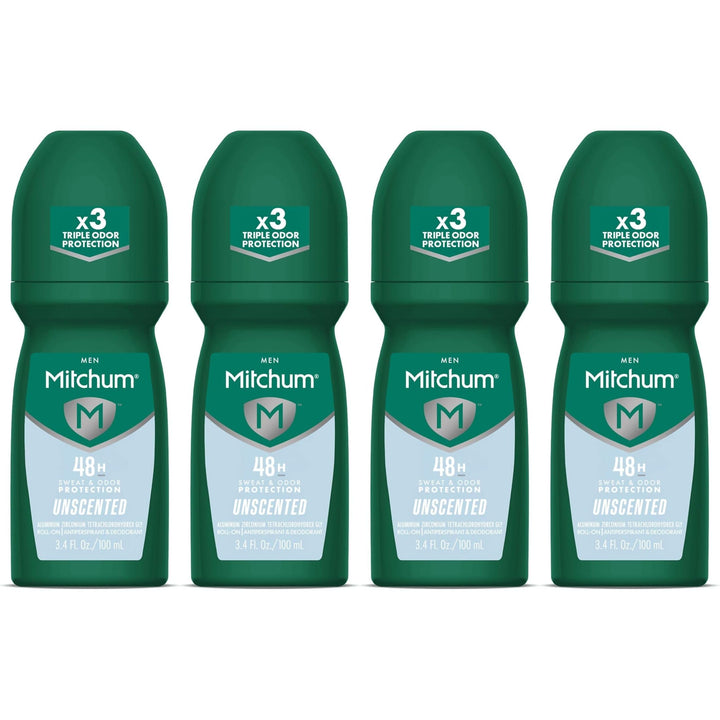 Mitchum roll-on front packaging showing unscented label and 4-pack benefit