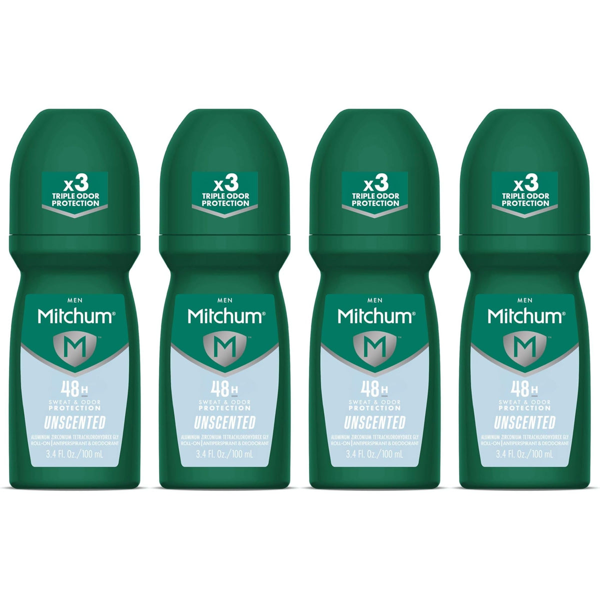 Mitchum roll-on front view showing compact unscented antiperspirant benefit