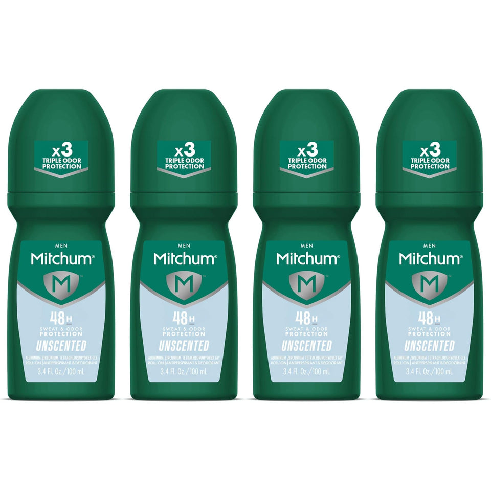 Mitchum roll-on front view showing compact unscented antiperspirant benefit