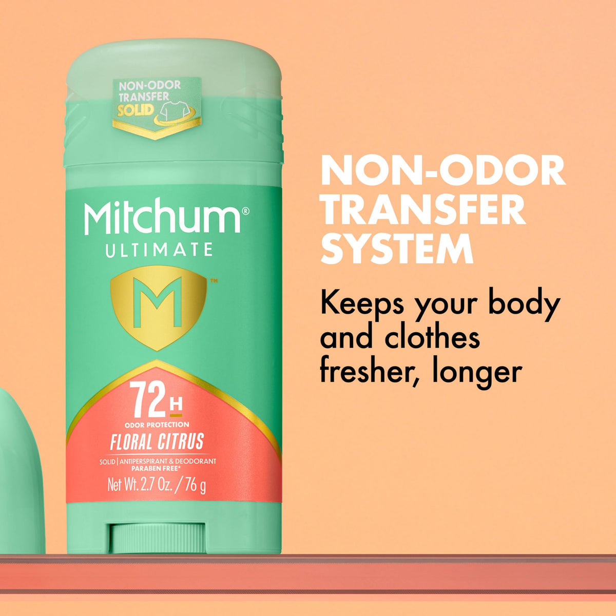 Mitchum label close-up highlighting Non-Odor Transfer System and reduced transfer benefit