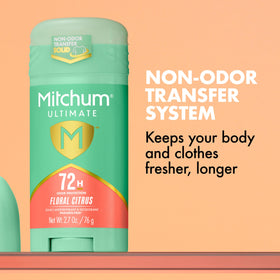 Mitchum label close-up highlighting Non-Odor Transfer System and reduced transfer benefit