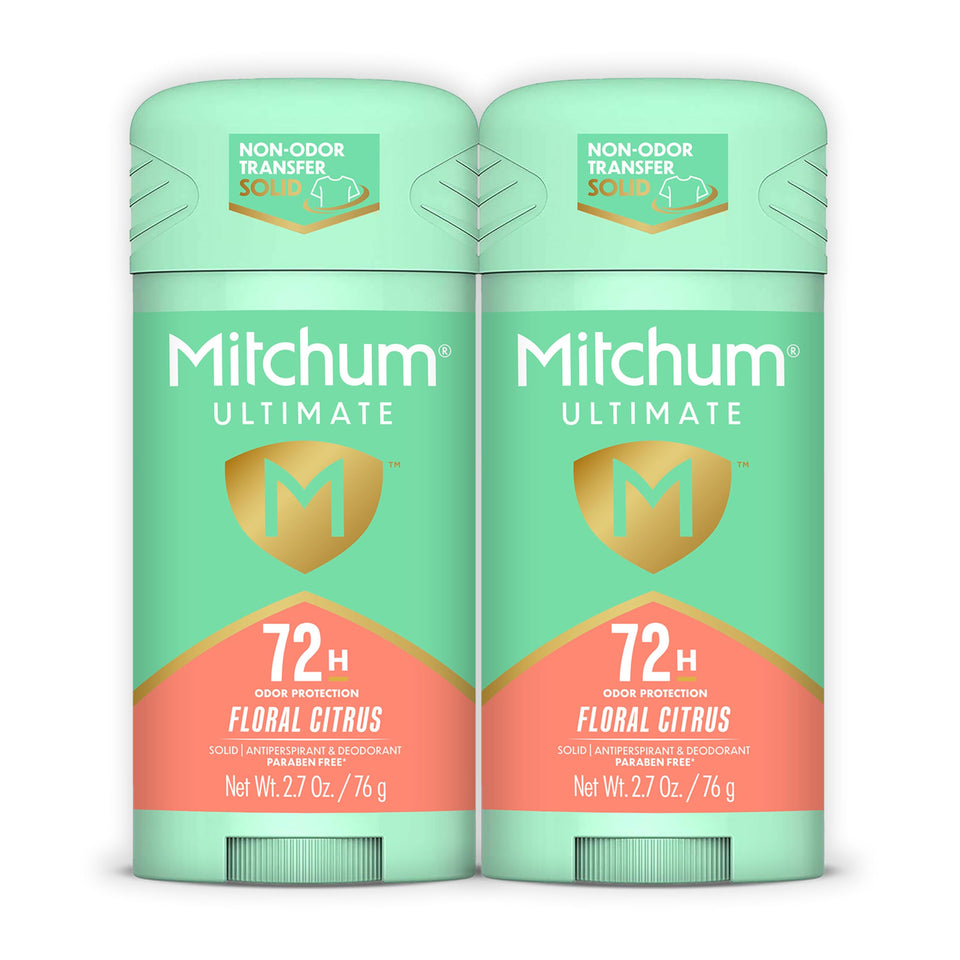 Mitchum front packaging showing 72HR protection and Floral Citrus scent benefit long-lasting freshness