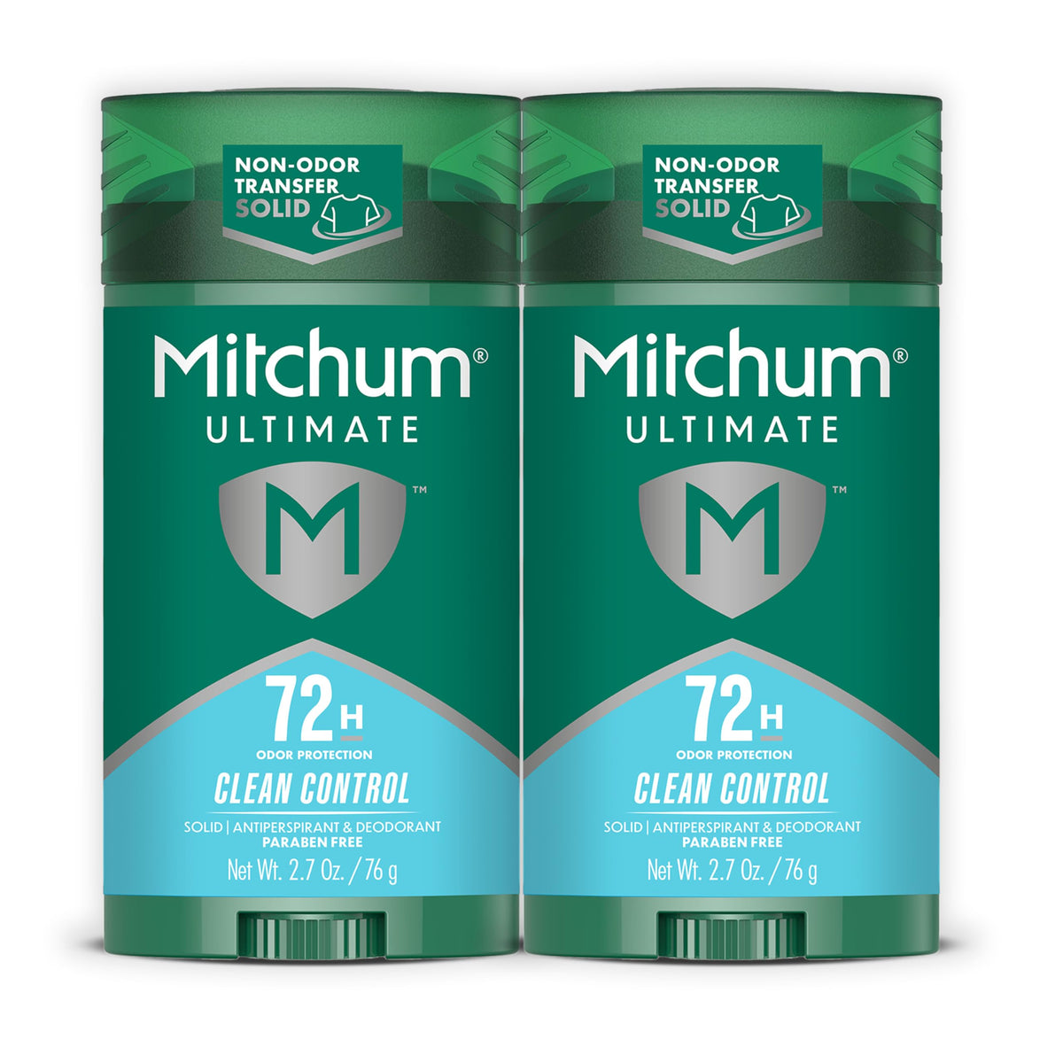 Mitchum front packaging showing two sticks and brand benefit