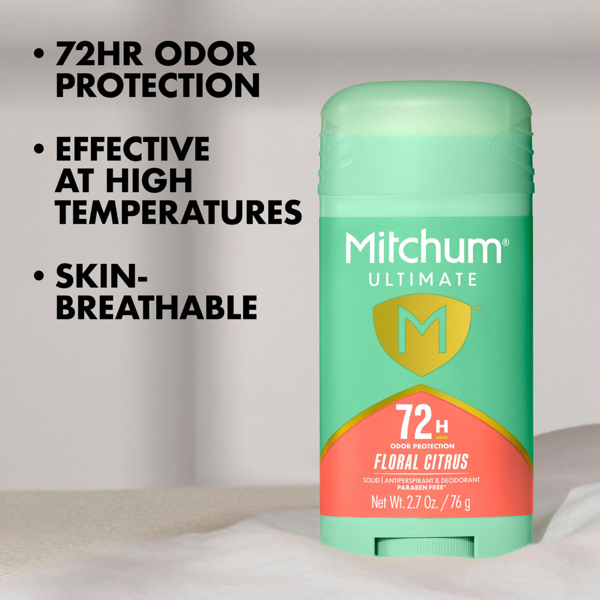 Mitchum open stick close-up showing smooth invisible texture and quick-dry benefit