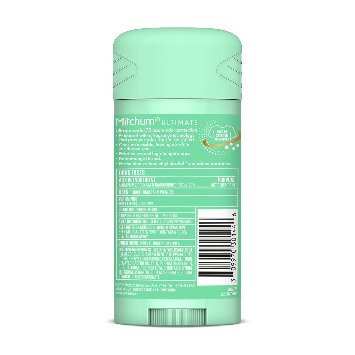 Mitchum product with scent notes and badges showing paraben-free and vegan benefit