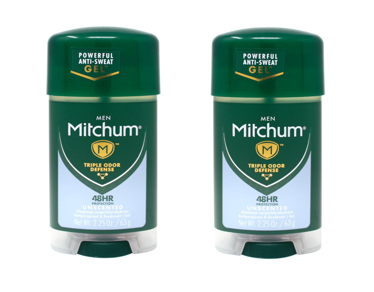 Mitchum unscented gel front packaging showing 2-pack benefit