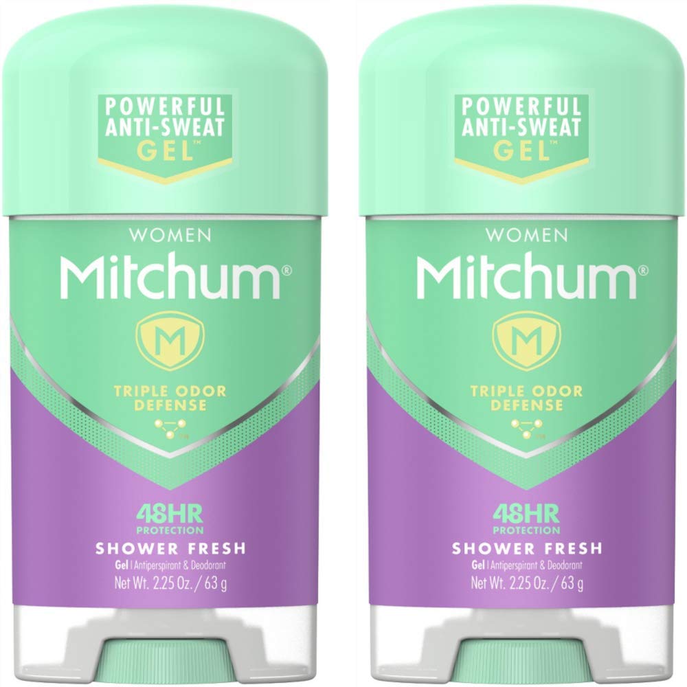 Mitchum clear gel front packaging showing shower fresh scent and pack benefits