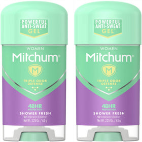 Mitchum clear gel front packaging showing shower fresh scent and pack benefits