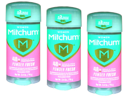 Mitchum clear gel front packaging showing powder fresh scent and pack benefit