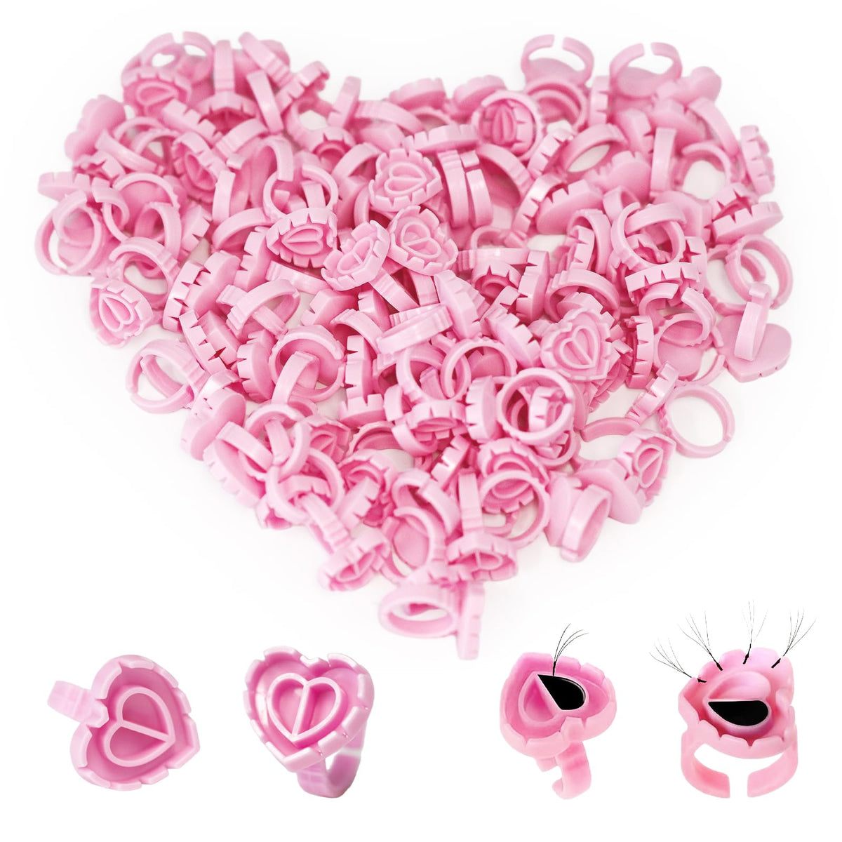 Miuxia front packaging showing 300 pink heart glue rings for organized lashes