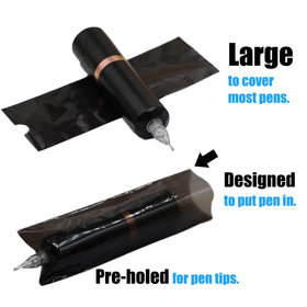 MIUXIA pen cover fitted on a tattoo machine demonstrating clean barrier and fast changeover