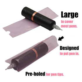 Miuxia pen cover installed on a tattoo machine demonstrating machine protection and quick change