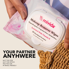 mivida wipe in a purse demonstrating portability and on-the-go refresh benefit