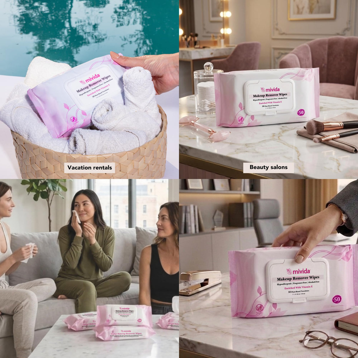 mivida vitamin E ingredient bottle beside wipes showing nourishing formula benefit
