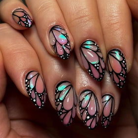 Mivota front packaging showing 24-piece almond press-on nails and quick benefits