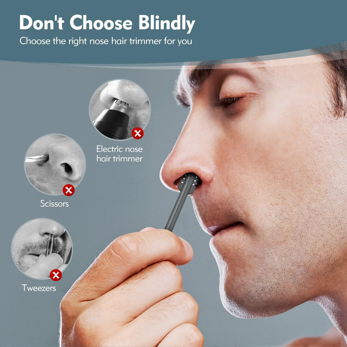 MIVZO manual trimmer in use showing safe, controlled nose hair removal