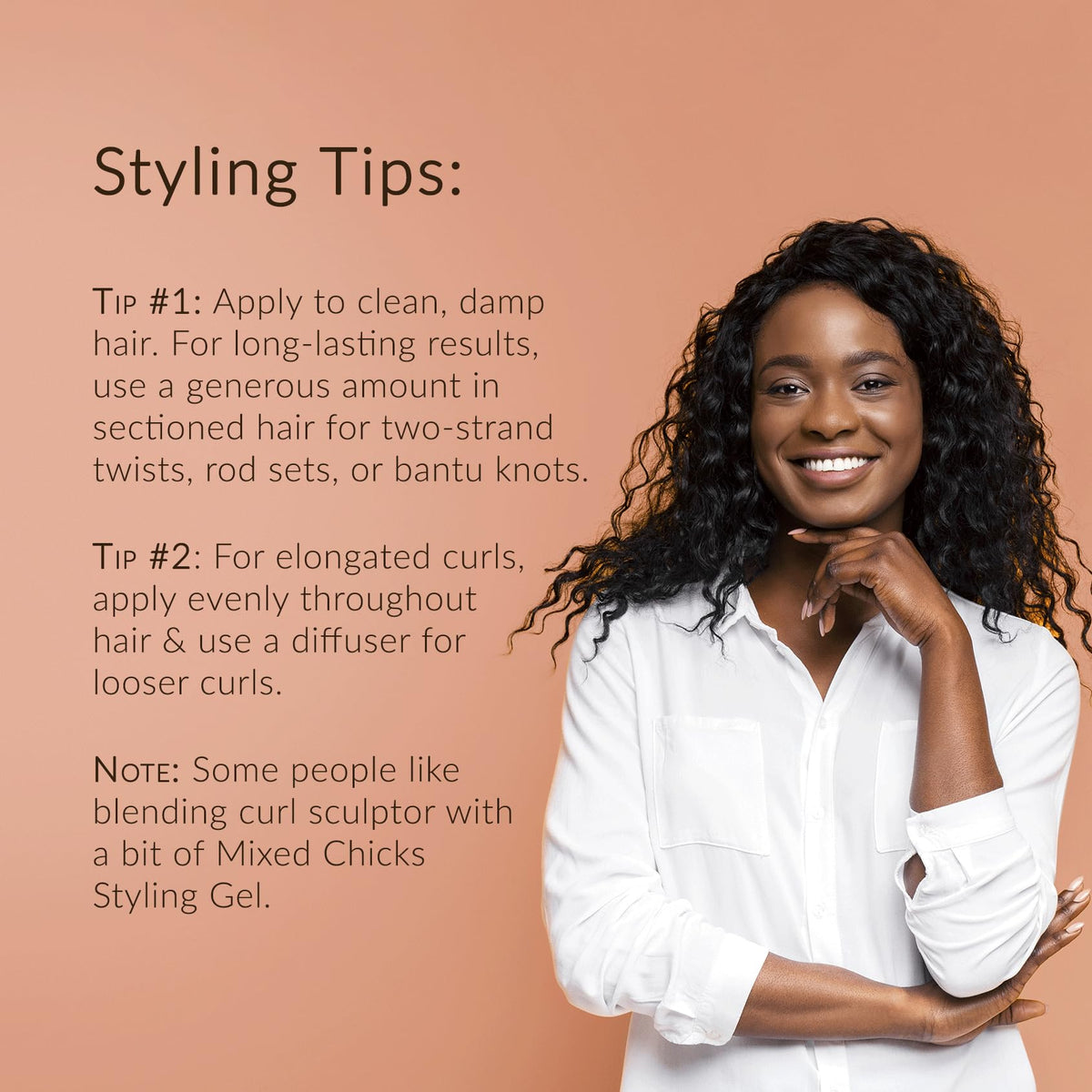Mixed Chicks used with diffuser in lifestyle shot to reduce drying time and frizz