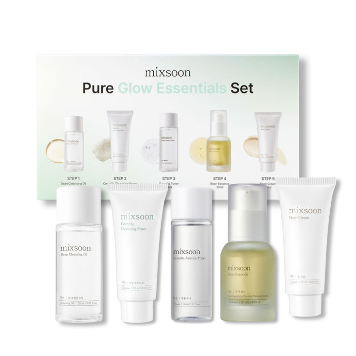 mixsoon front packaging of Pure Glow Essentials Set showing elegant travel-ready kit, ideal for gifting