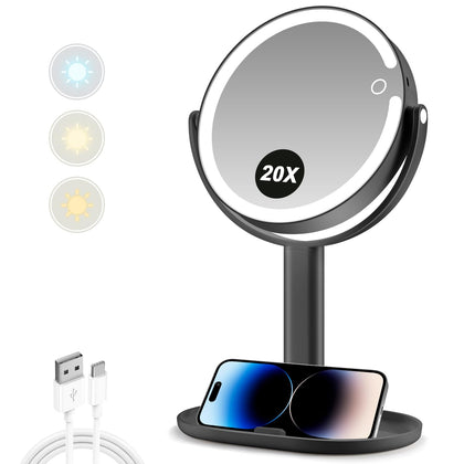 MIYADIVA front view of dual-sided lighted vanity mirror showing sleek black finish and LEDs