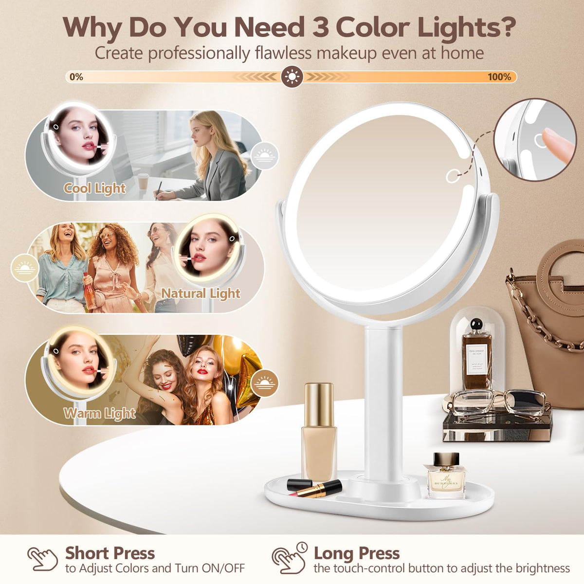MIYADIVA closeup of 80 LEDs illuminating face evenly for precise makeup