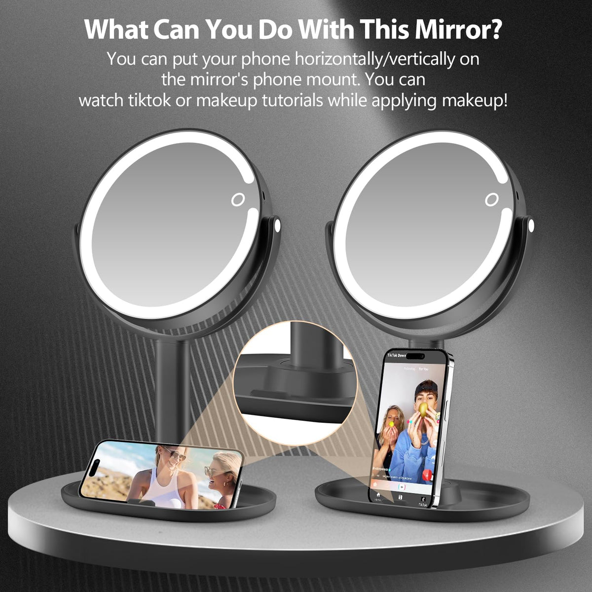 MIYADIVA mirror next to common objects to show 8.8-inch size and travel-friendly scale
