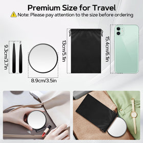 MIYADIVA mirror next to coin illustrating compact 3.5-inch size for travel