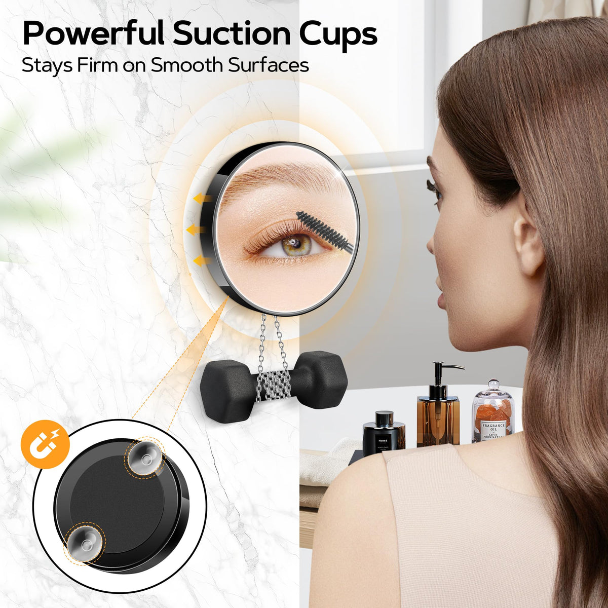 MIYADIVA mirror stuck to bathroom glass demonstrating secure suction hold