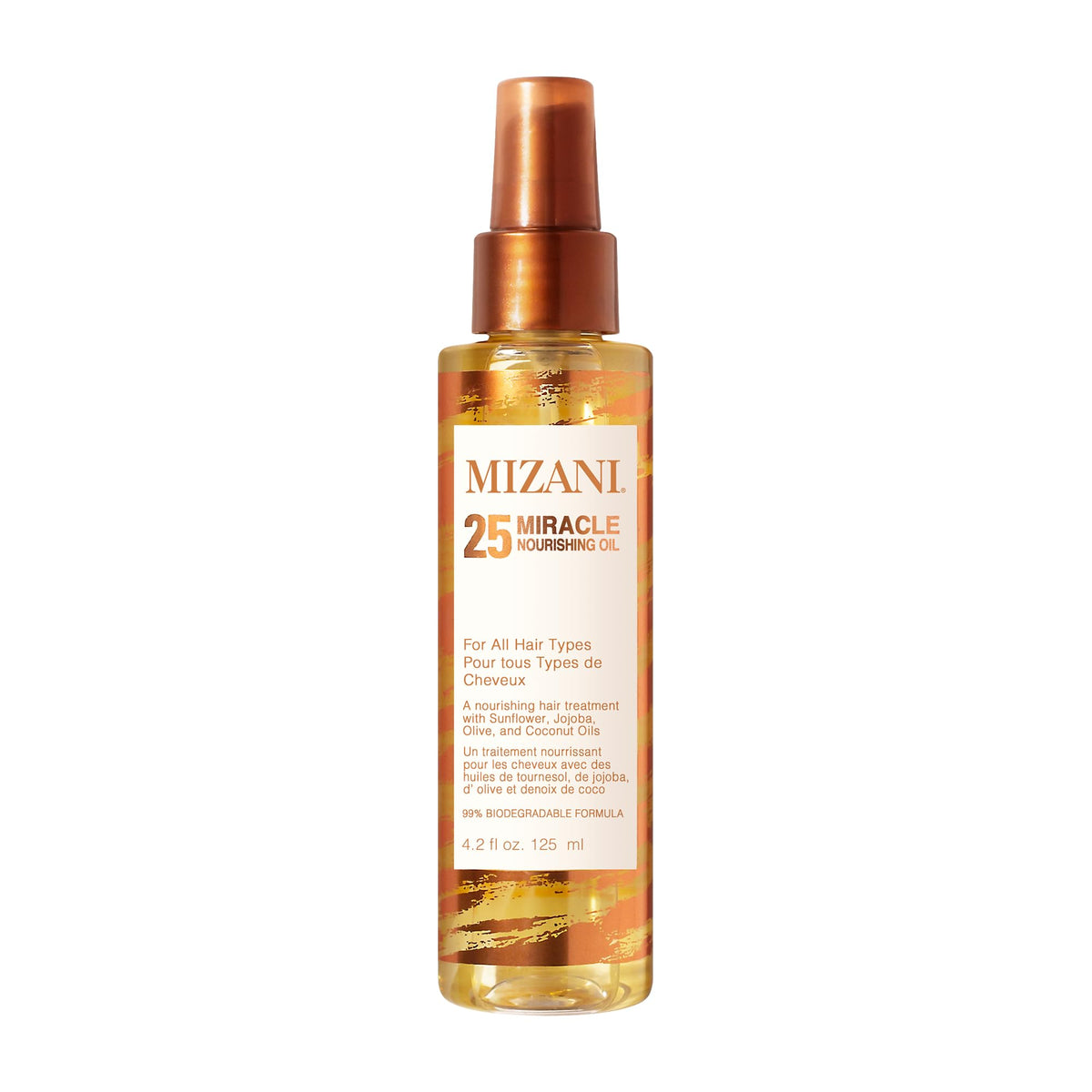 Mizani front bottle view showing product benefits and sleek packaging