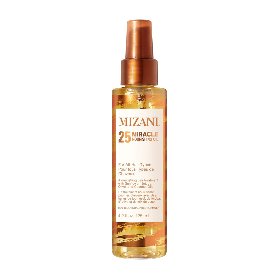 Mizani front bottle view showing product benefits and sleek packaging