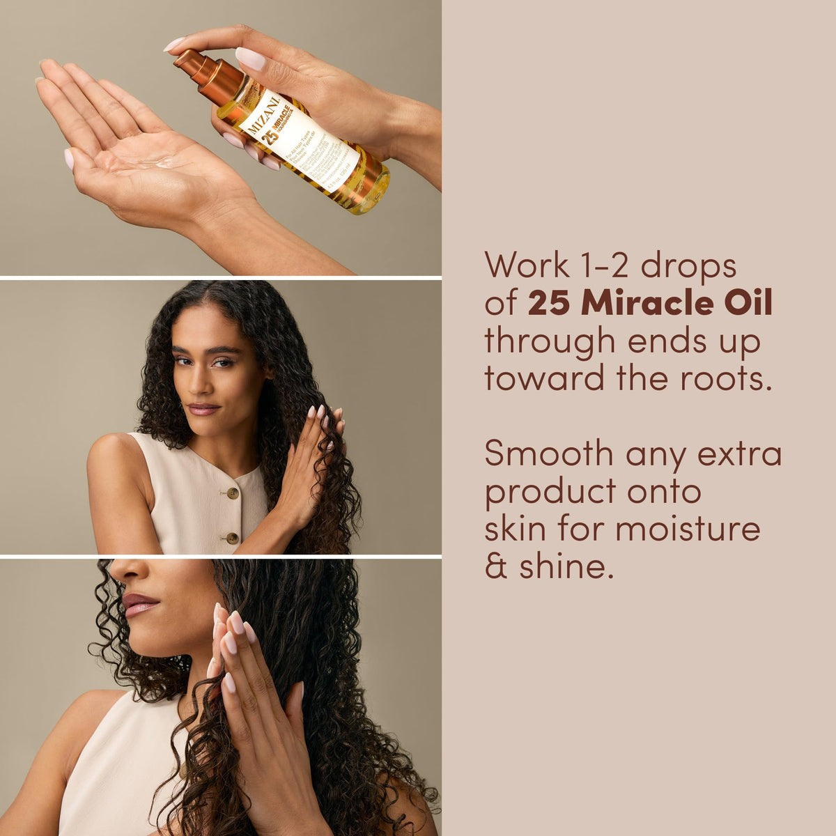 Mizani applied in hand demonstrating easy spread and detangling benefit