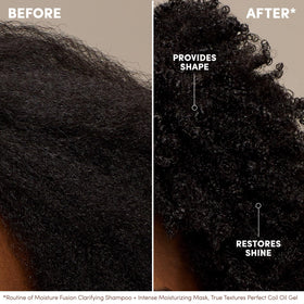 Before and after of coils using Mizani Perfect Coil showing enhanced definition