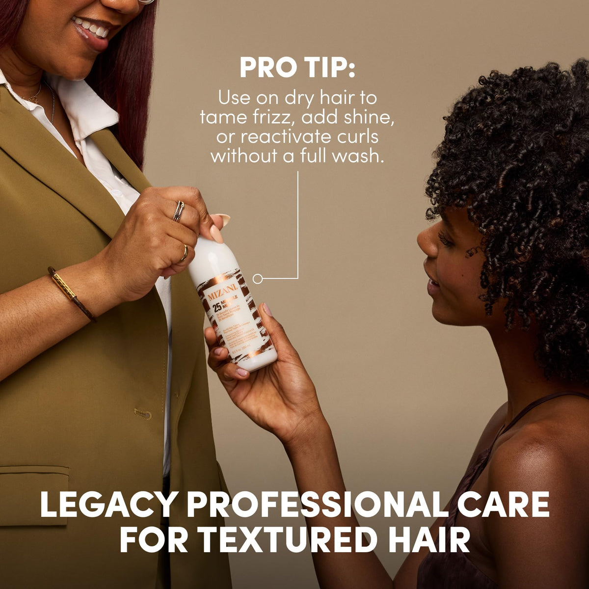 Mizani with coconut imagery emphasizing natural oil for added shine and softness