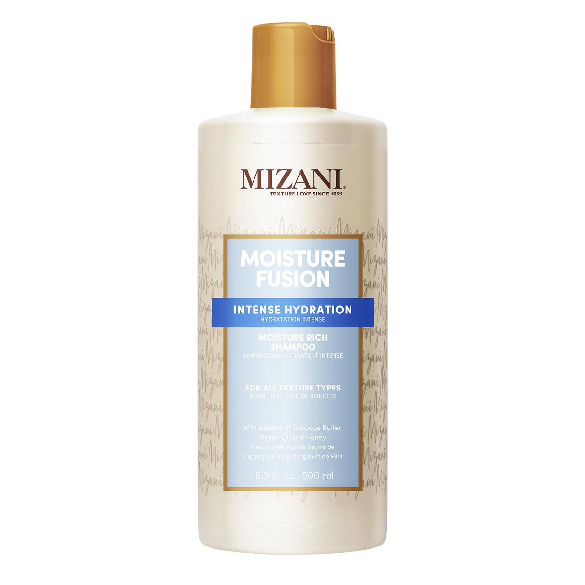 Mizani bottle front view showing label and size, highlights hydration benefits