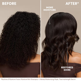 Model rinsing Mizani Moisture Fusion in shower demonstrating gentle cleansing action