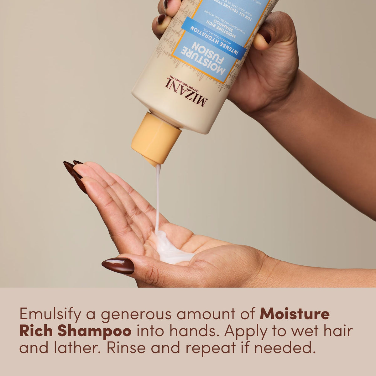 Argan oil, cupuacu butter and honey next to Mizani bottle illustrating nourishing ingredients