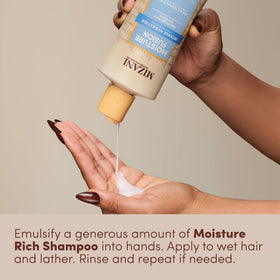 Argan oil, cupuacu butter and honey next to Mizani bottle illustrating nourishing ingredients